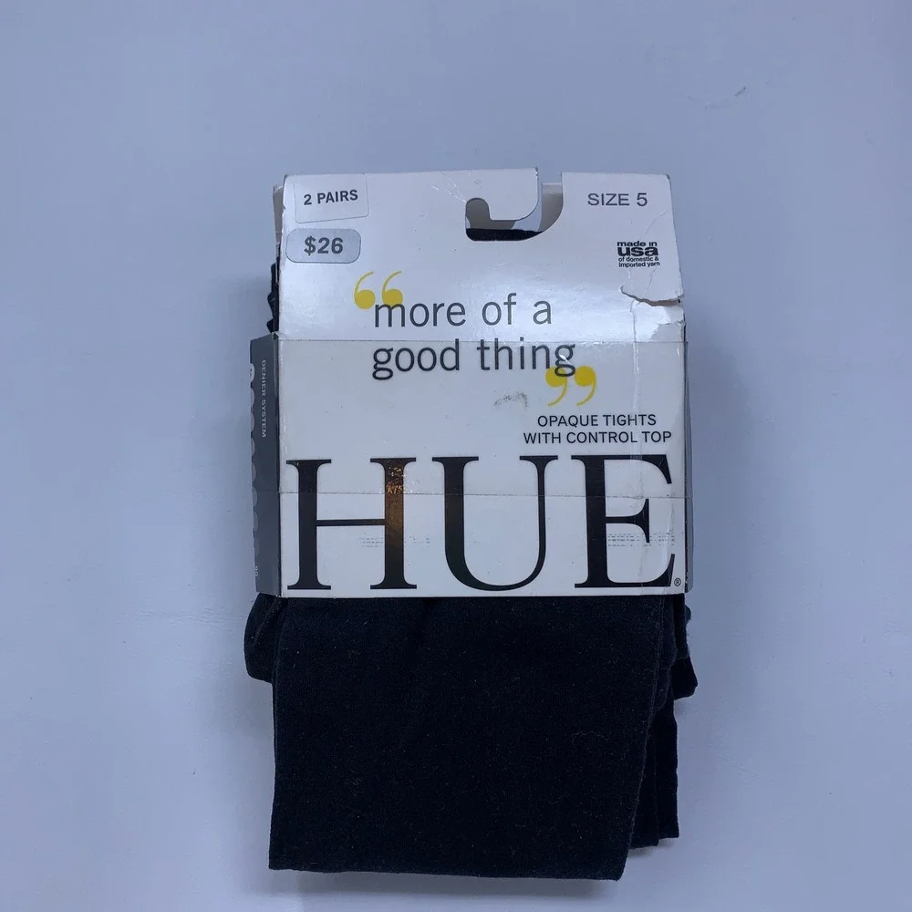 HUE Womens Size 5 Black Opaque Control Top 2 Pairs Tights 17416 NWT